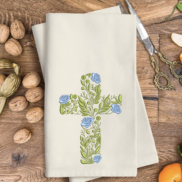 Embroidered Easter Spring Cross, Farmhouse, Vintage Themed, Tea Towel, 100% Cotton, Christian