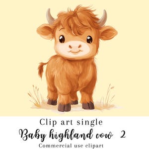 Baby hooglandkoe clipart, schattige koe clipart, boerderij clipart, westers thema, aquarel dieren, koe png, leuk ontwerp, digitale download