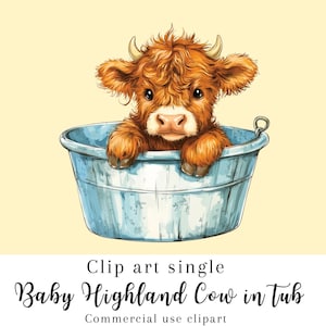 Baby Highland cow tub clipart, highland calf, highland cow png, cute cow clipart, farm clipart, nursery clipart, commercial use
