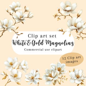Magnolia gold clipart, white flowers png, floral clipart, metallic clipart, flower overlay, gold flowers png, garden clipart, commercial use