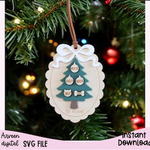 May include: A wooden Christmas ornament shaped like a tree with a white bow. The tree is decorated with green ornaments and the names "Myles", "Audrey", "Owen", "Milo", and "Coco" are written on the ornaments. The text "The Wilsons" is written at the bottom of the ornament.