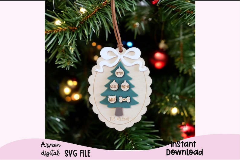 May include: A wooden Christmas ornament shaped like a tree with a white bow. The tree is decorated with green ornaments and the names "Myles", "Audrey", "Owen", "Milo", and "Coco" are written on the ornaments. The text "The Wilsons" is written at the bottom of the ornament.