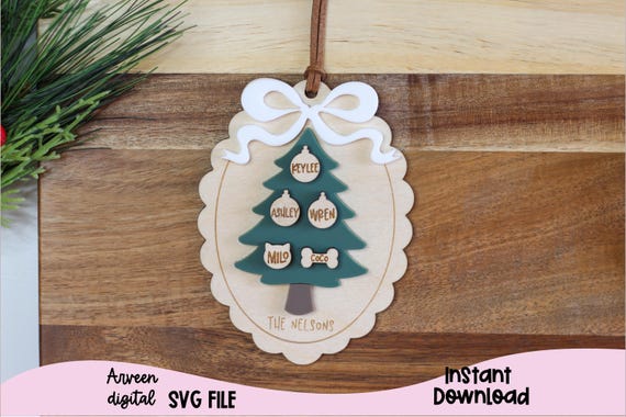 Family Christmas tree ornament SVG, Family tree SVG, Laser Cut File, Scallop ornament SVG