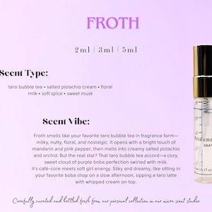 May include: A clear perfume vial with a gold cap, labelled "Perfume N BRAND" and measuring 5 ml. The text "FROTH" is above the vial, with scent notes listed. The background is a gradient of light purple.