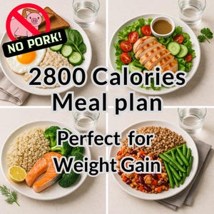 2800 calorie meal plan for weight gain, no pork, high protein weekly meal prep, printable shopping list, healthy diet planner PDF