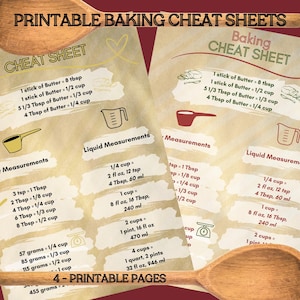 以下が含まれることがあります： バター、液体成分、乾燥成分の測定値が記載された、印刷可能なベーキングチートシート2枚。シートは木製の背景の上にあります。