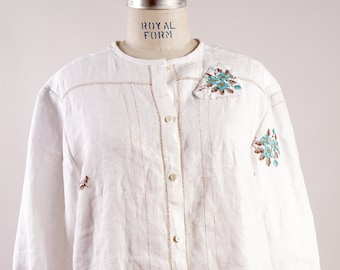 vintage table cloth embroidery shirt - white linen button front top  - up-cycled vintage embroidery shirt - made in USA