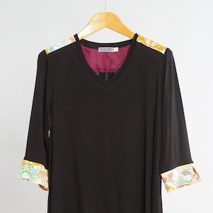 V-Neck Rayon Top: Upcycled Silk Kimono Trim, 3/4 Sleeves
