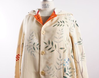 artist's silk kimono hoodie jacket, up-cycled silk kimono, olive branch design raglan jacket
