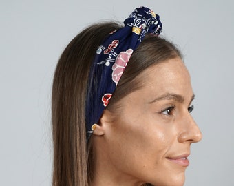 knotted kimono headband  - vintage Japanese kimono - printed navy silk headband - turban - silk kimono accessory - NO slip elastic