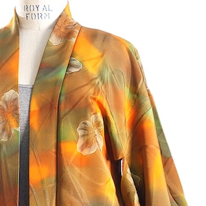 olive and orange print silk haori jacket - Japanese floral kimono silk jacket - up-cycled kimono jacket - fully lined silk kimono jacket