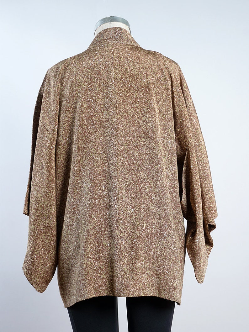 silk kimono haori jacket, brown tea textured print kimono jacket, up-cycled jacket immagine 8
