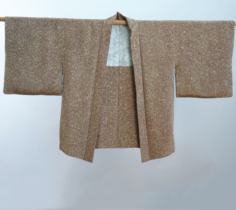 silk kimono haori jacket, brown tea textured print kimono jacket, up-cycled jacket immagine 1