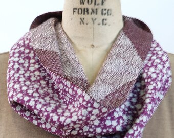 kimono infinity scarf, purple silk infinity scarf, mini floral Japanese kimono, vintage kimono scarf with two prints, reversible scarf