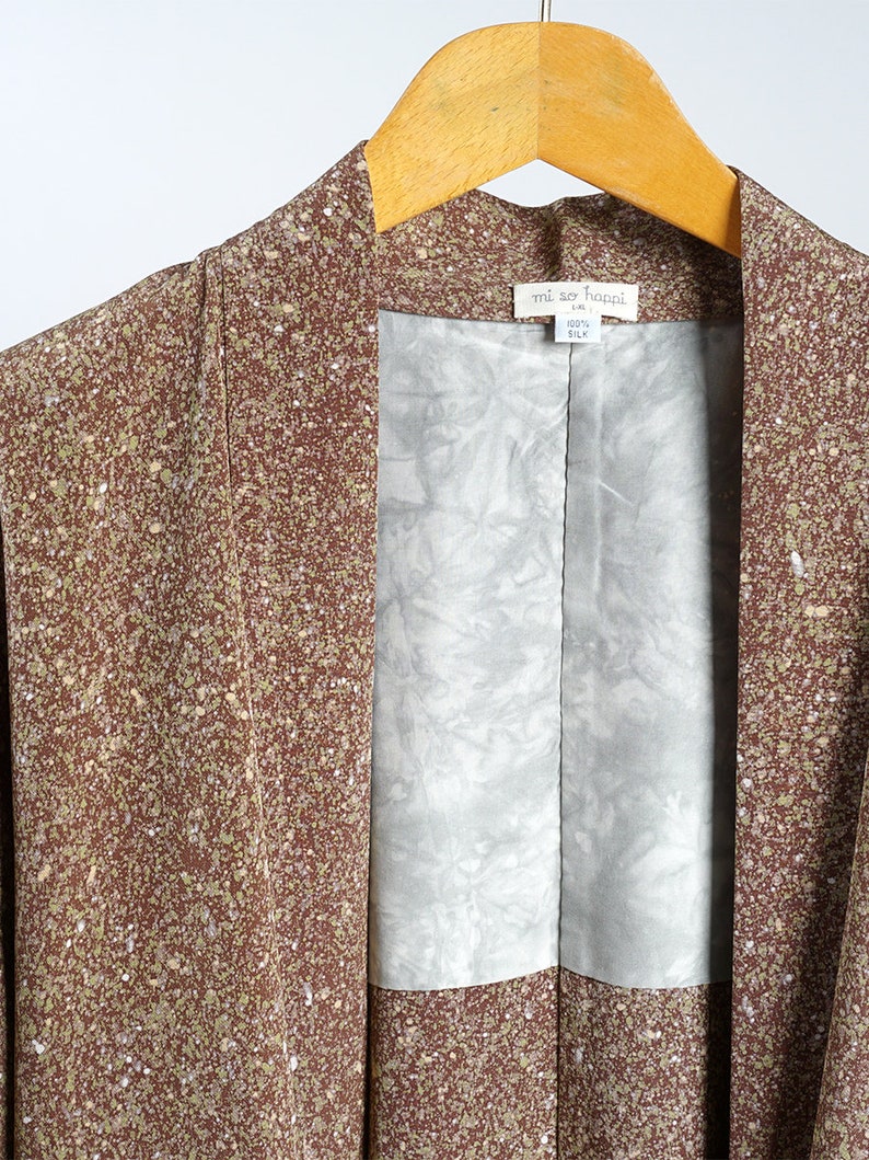 silk kimono haori jacket, brown tea textured print kimono jacket, up-cycled jacket immagine 2