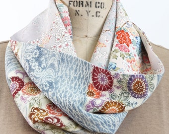 silk kimono infinity scarf, silk infinity scarf, floral print Japanese kimono, vintage kimono scarf with two prints