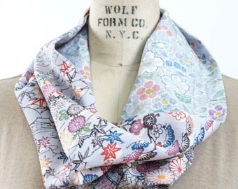 silk kimono scarf, silk infinity scarf, gray and lavender Japanese kimono prints, vintage kimono scarf with two prints