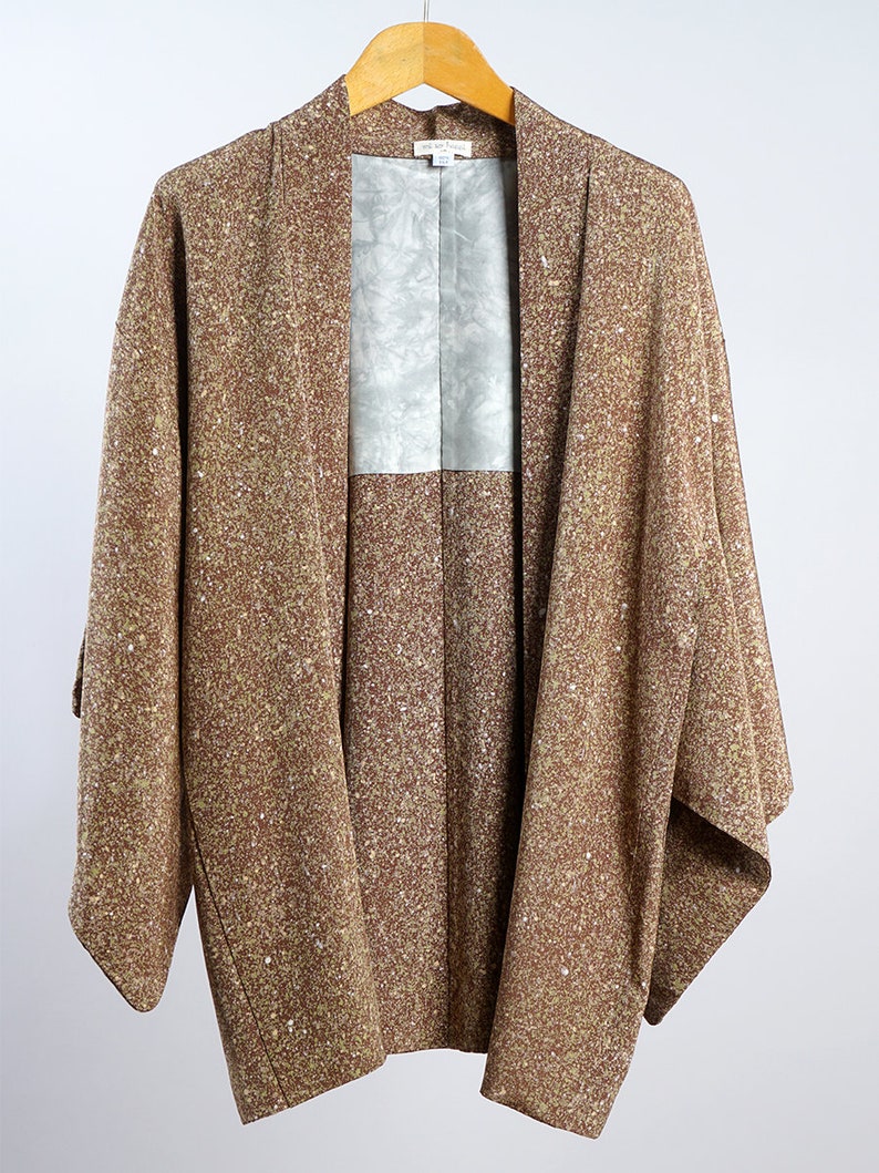 silk kimono haori jacket, brown tea textured print kimono jacket, up-cycled jacket immagine 5