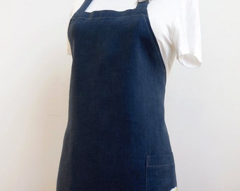 Navy Linen Apron With Vintage Lemon Juicer Applique Over Pocket - Chef's Linen Apron with Pocket - Bridal Party Cooking Class Apron