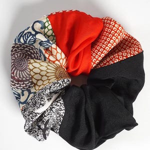 Kimono Jumbo Scrunchie - Red, Black and Print Patchwork - Up Cycled Silk Hair Accessory