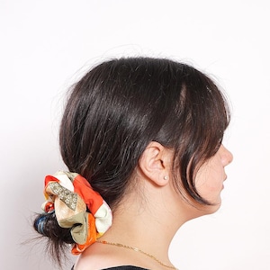 kimono patchwork jumbo scrunchie with orange sage & natural prints  -  Japanese silk hair accessory