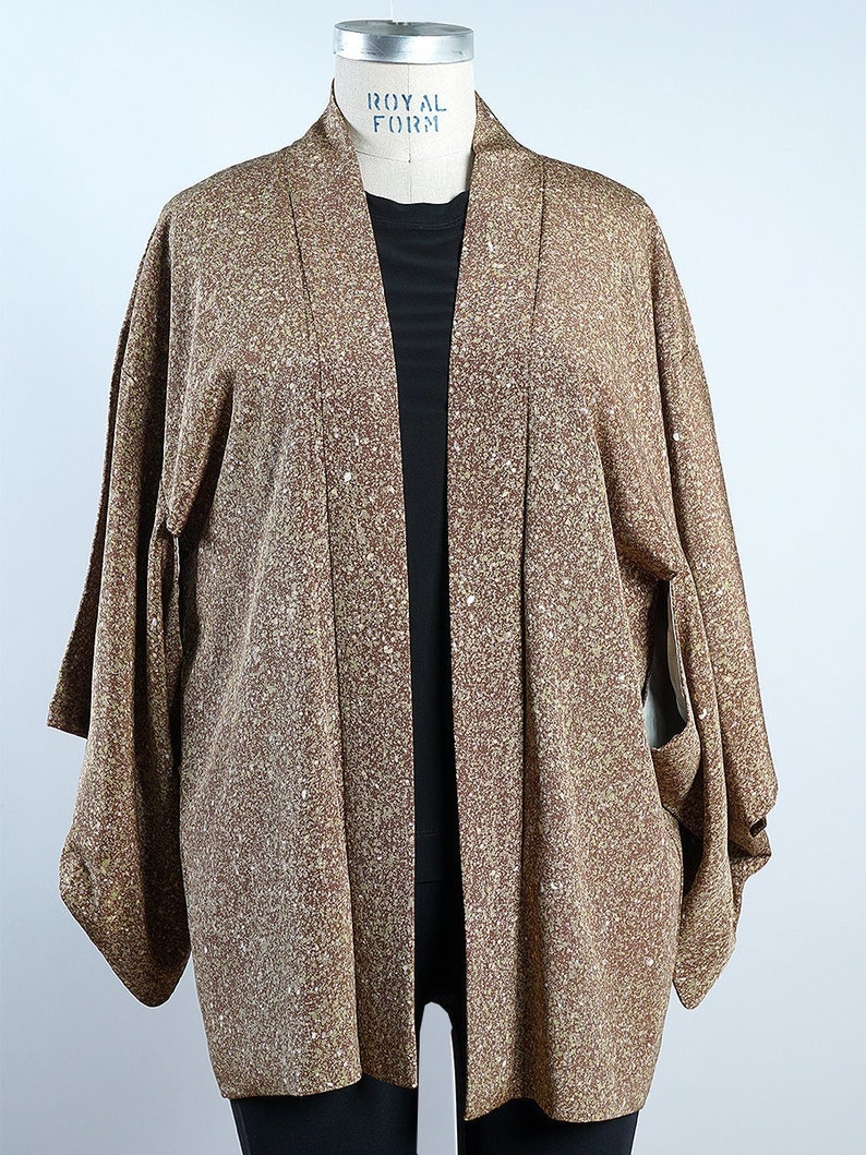 silk kimono haori jacket, brown tea textured print kimono jacket, up-cycled jacket immagine 4