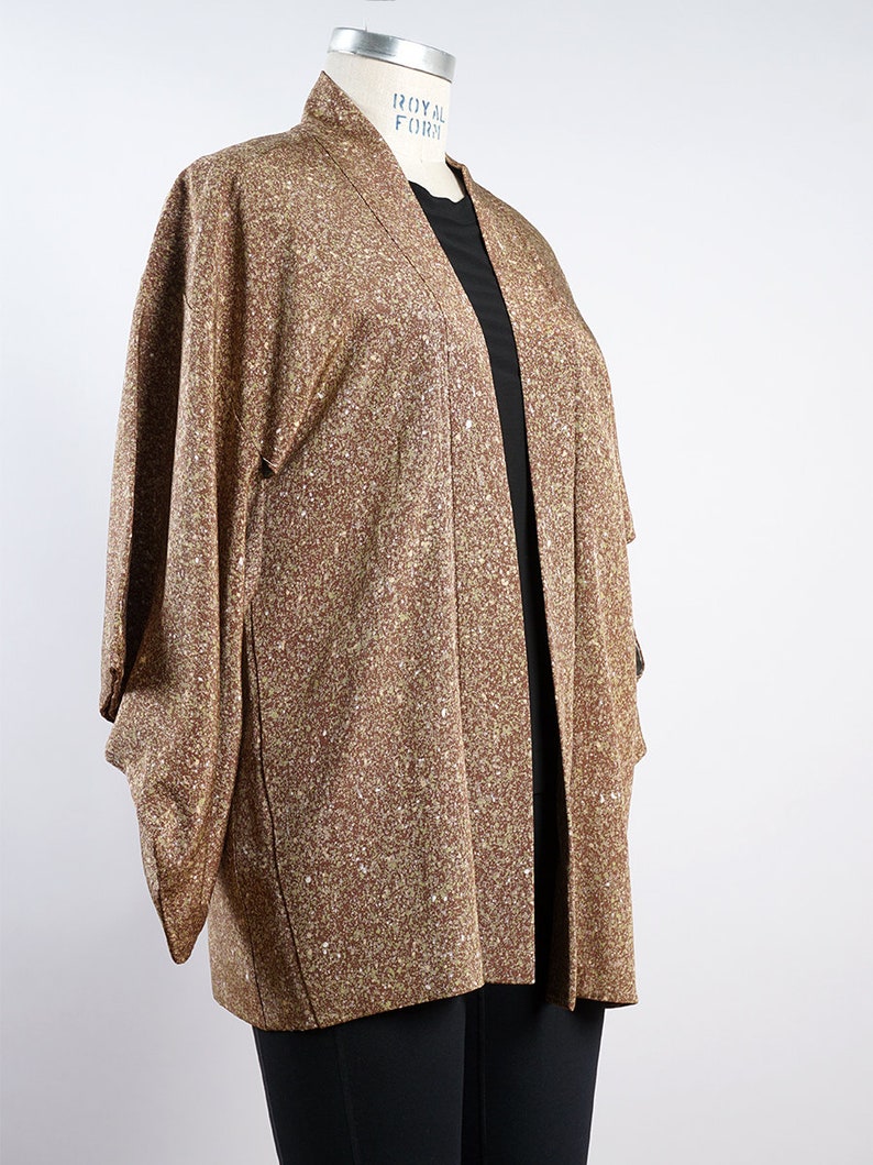 silk kimono haori jacket, brown tea textured print kimono jacket, up-cycled jacket immagine 6