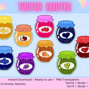 Pode incluir: Oito frascos de vidro coloridos com tampas, cada um contendo um tipo diferente de geleia de fruta ou baga. Os frascos estão dispostos em círculo sobre um fundo azul claro. O texto "TWITCH EMOTES" está na parte superior da imagem.