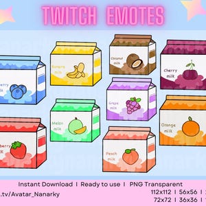 愛らしいフルーツミルクカートン絵文字 - Twitch および Discord 絵文字用のかわいいミルク ボックスのイラスト - 即時ダウンロード