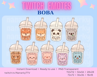 9 emoticones Boba para Twitch con caras de animales / Paquete de emoticones de Discord / Paquete de emoticones de té de burbujas / Descarga PNG instantánea