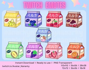 Emotes kawaii en carton de lait aux fruits pour Twitch, TikTok, YouTube et Discord (téléchargement instantané)