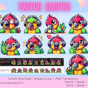 Puede incluir: Un conjunto de emotes de Twitch que presentan un loro de dibujos animados con auriculares. El loro se muestra en varias poses, incluyendo reír, cantar y comer. Los emotes están disponibles en diferentes tamaños, incluyendo 112x112, 56x56, 28x28, 72x72, 36x36 y 18x18 píxeles. Los emotes son PNG transparentes y se pueden descargar instantáneamente. El texto "twitch.tv/NanarkyTTV" también está incluido en la imagen.