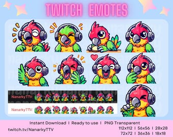 Papegoja-emotes 9-pack för Twitch och Discord | Färgglada streamer-emotes (digital nedladdning)