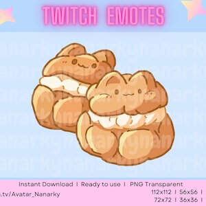 Pode incluir: Dois éclairs de desenho animado com rostos sorridentes. Os éclairs são marrons e amarelos com recheio de creme branco. O texto "TWITCH EMOTES" está no topo da imagem.