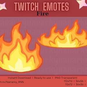 Puede incluir: Dos emoticonos digitales de fuego con llamas amarillas y naranjas con contornos de color naranja oscuro. El texto dice TWITCH EMOTES Fire e incluye tamaños de 112x112, 72x72, 56x56, 36x36, 28x28 y 18x18 píxeles. El fondo es de color rojo oscuro.