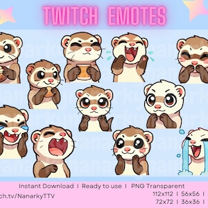 Zestaw 12 emotikonów Kawaii Ferret - Słodka kolekcja emotikonów Ferret do użytku cyfrowego | Natychmiastowe pobieranie na Twitch i Discord