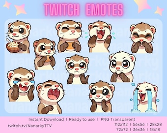 May include: Set of 10 animated Twitch emotes featuring a cartoon ferret with different expressions, including laughing, crying, and surprised. The emotes are in various sizes, including 112x112, 56x56, 28x28, 72x72, 36x36, and 18x18 pixels.