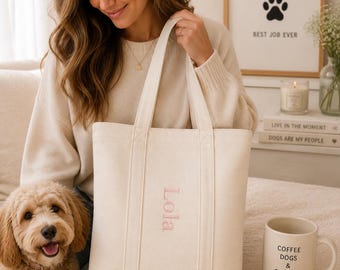 Embroidered Dog Mom Christmas Gift Tote Bag | Personalized Nylon Carry-All | Pet Mom Holiday Bag | Custom Name Monogram Tote