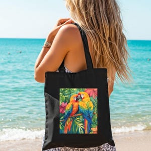 Vibrant Tropical Parrot Cotton Canvas Tote Bag, Island Bird Beach Carryon, Eco Friendly Washable Gift for Travel, Vacation, Pool, Car Trips