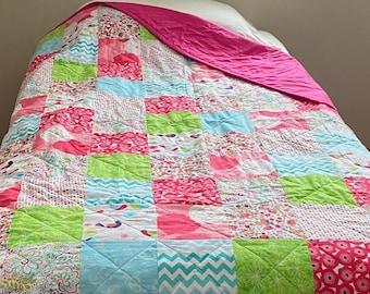 Twin Quilt Handmade with Modern Patchwork Design for Full Size Bed. Colorful Throw Blanket.