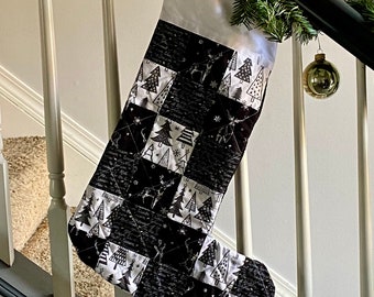 Quilted Stocking to Match Your Buffalo Plaid Christmas Decor in Black and White. Embroidered Family Stockings in Unique Farmhouse Style.