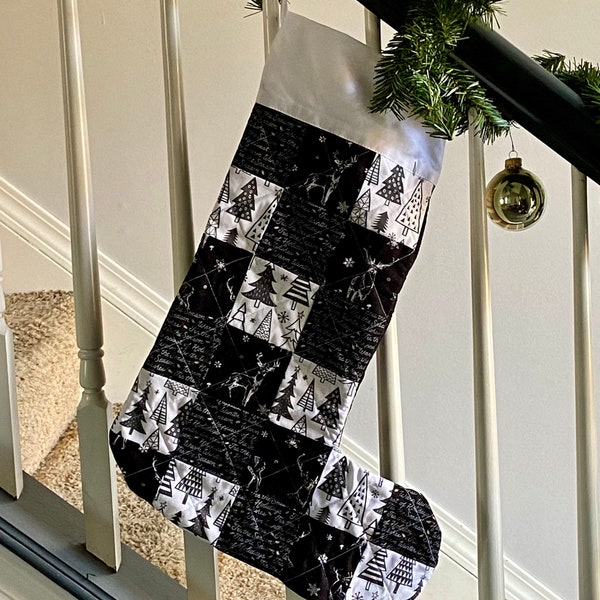 Quilted Stocking to Match Your Buffalo Plaid Christmas Decor in Black and White. Embroidered Family Stockings in Unique Farmhouse Style.