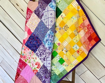 Maximalist Patchwork Quilts with Modern Rainbow Colors Handmade in a Lap Size 50 x 55". Housewarming Gift.