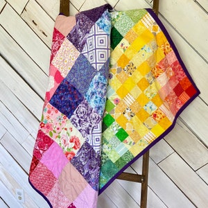 Maximalist Patchwork Quilts with Modern Rainbow Colors Handmade in a Lap Size 50 x 55&quot;. Housewarming Gift.
