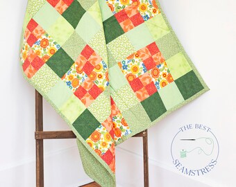 Homemade Modern Patchwork Baby Quilt for Kids Playmat, Couch Throw Blanket. Contemporary Quilted Blanket Perfect 1st Birthday Gift from Aunt