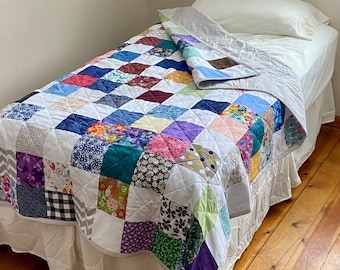 Handmade Twin Bed Size Quilt in Colorful Scrappy Patchwork Style. Bedspread