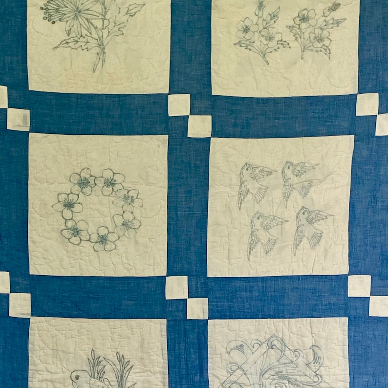 Beautifully Hand Embroidered Vintage Queen Sized Quilts Handmade 120 Years Ago. Antique Patchwork Quilt Hand Made for Cottagecore Decor. image 6