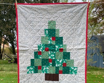 Christmas Quilt with Tree in Lap  Quilt Size that is Handmade and Ready to Ship Today. Woven Throw Blanket, Patchwork Quilted Throw.