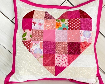 Valentine Home Decor Quilted Pillow Cover with Scrappy Patchwork Heart Handmade.