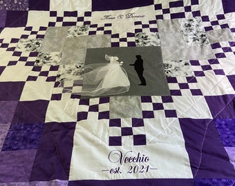 Wedding Quilt Custom Made with Bride and Groom Silhouette in Choice of Colors with Modern Embroidery for a Unique Wedding Gift for Couple.